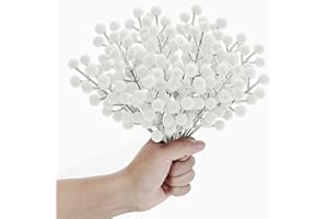 KKSTY 16 Pcs Artificial Frosted Berries Stems - 8'' Iced Berry Pick Holly Berries Sprays Filler Branch for Christmas Tree Decoration Wreath Making Supplies DIY Crafts Holiday Home Decor (White)
