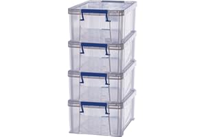 BANKERS BOX 4x 10L Plastic Storage Boxes with Lids. ProStore Super Strong Stackable Plastic Storage Boxes (14 x 34 x 21.5cm), Made in the UK, Clear
