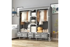 Anmas Power Canvas Wardrobe with 5 Drawers, 185x45x175cm Wardrobe for Bedroom Cupboard Clothes Storage Solution, with Hanging Rail Storage Shelves