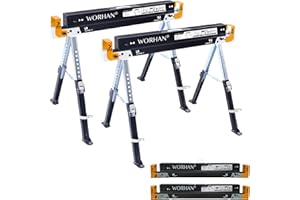 WORHAN Tréteaux Paire Lot de 2 Tréteaux de travail Pliables Etablis Robuste Stable en Acier Chavalet Sciage avec Pieds Antidérapants Réglables Rapides 1180kg S600A