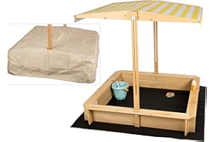 needs&wants® Sandkasten mit Dach Sitzbank und Boden Vlies-Folie, mit Abdeckung Oxford 600D, Sandkiste Holz rechteckig mit Bänken Outdoor Garten Kinder UV-Sonnenschutz, 113x113x113 cm, gelb weiß braun