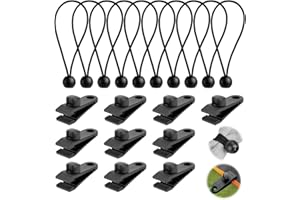 Wjelet 10 Set Heavy Duty Tarp Clip and Awning Clamp With Bungee Cord - Linoleum Tent Clips With Bungee Balls for Outdoor, Camping, Garden, and Pool Tie-Downs