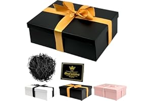 XWCHASA Pudełko prezentowe z pokrywką 25 x 18 x 8,5 cm, czarne pudełko prezentowe z kokardkami, zestaw pudełek prezentowych, kartki z życzeniami, Raffia Hamper Shreds na ślub, Dzień Matki, urodziny, Boże