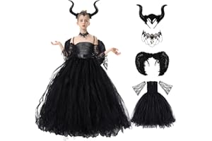Herenear Maleficent kostium dla dziewczynek i dzieci, 5-częściowy zestaw kostiumu złej królowej na Halloween, kostium czarownicy z rogami, skrzydłami, łańcuszkiem, księżniczki, karnawał, na imprezę