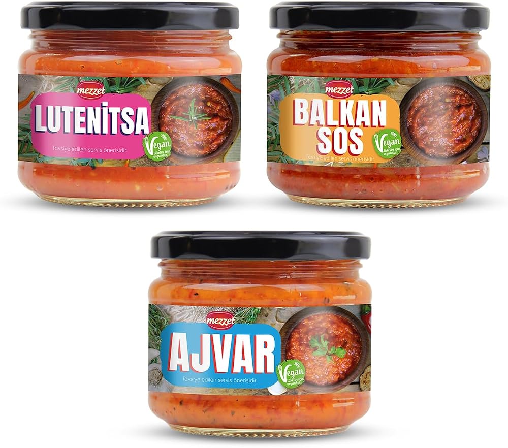 Mezzet Balkan Lezzet Paketi (3x300g) - Ajvar, Lutenitsa ve Balkan Sosu Seti -%100 Vegan Koruyucusuz - Geleneksel Közlenmiş Sebze Ezmeleri