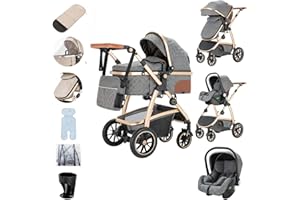 Zkiprm Baby Stroller 3-in-1, Portable Travel System with Car Seat, Pushchair and Pram, Compact Stroller with Adjustable Armrests, Impact Protection, Pushchair Landscape High Aluminum Frame Sub Gray