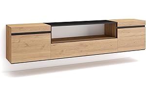 Skraut Home | Mobile TV Soggiorno | Ampio spazio a disposizione | 200x45x35cm | Per TV fino a 80" | Sospeso, da appendere | Stile moderno | Rovere e nero