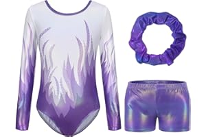 Hovershoes Gymnastics Leotards for Girls Long Sleeve Leotards Sparkle Ballet Dance Leotards Tumbling Athletic Shorts for Kids Teens 5-14 Years Gym Bodysuit One Piece Jumpsuit Unitards with Shorts