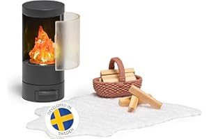 LUNDBY Dolls House Furniture Fireplace – Doll House Accessories – Fireplace Wood Stove LED Fire Flame Light – 4-pieces – Age 4+ – for 11cm Mini Dolls scale 1:18