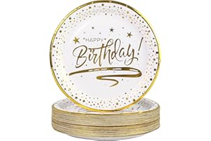 DHAIQC 50 Pezzi Piatti Carta Compleanno 18cm, Oro Bianco Stoviglie per Feste Di Compleanno Piatti Usa e Getta Piatti pizza Piatti Compostabili per Feste di Compleanno e Matrimonio (Compleanno Bianco, 18cm)