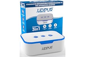 UDIVITA Udipur Estación de Secado y esterilización para audífonos Esterilización UV y Carga 3en1 con USB C Temperatura máxima 50°C - 110x90x40mm