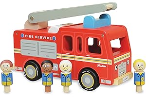 Indigo Jamm Freddie Fire Engine, Classic Wooden Toy Emergency Services Vehicle with Removable Roof and Firefighters for children 18 months+