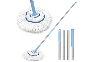 NEWE Mocio Autostrizzante per la Pulizia del Pavimento, Aggiornato 45 cm Ampia Microfibra Mocio Rotante, 140 cm Manico Lungo Bagnato Asciutto Cucina Facile Mop Lavapavimenti (Blu Chambray)