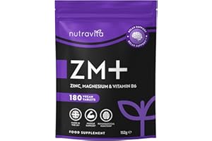 ZM+ Supplements for Men & Women - 180 High Strength Tablets (6 Months) - Vegan Supplement Zinc Magnesium Vitamin B6 - Sleep Aid, Muscle Recovery, Supports Testosterone Levels - UK Made - Nutravita