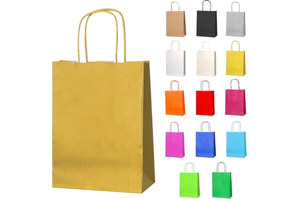 Thepaperbagstore 10 Doré Sacs-cadeaux en papier avec poignées - 18 x 22 x 8 cm - Sacs-cadeaux colorés pour fêtes d'enfants et d'adultes, anniversaires, mariages, baby showers, enterrements