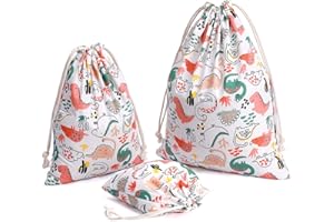 Amoyie 3 pcs Drawstring Storage Bags Set for kids Stuff, Travel Accessories, Gift Bag, Cotton Organizer Bag for Toy Nuts, Dinosaurs
