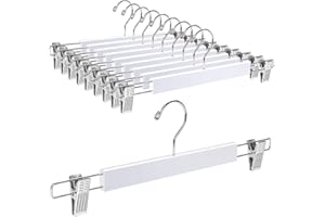 Amber Home 10 Unidades 36cm Perchas de Madera Blanco, Robusta y Brillante Percha para Pantalones Shorts Faldas Calcetines y Ropa Interior, con Clips Antideslizantes y Ganchos Giratorios