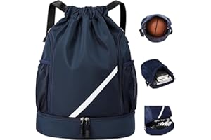 KAVJIZY Drawstring Bags, Waterproof Drawstring Gym Backpack, Large Capacity Drawstring Gym Bag, Swim PE Bags with Shoes Compartment & Water Bottle Mesh Pockets for Sports or Daily Use