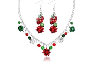 Sibba Christmas Necklace Earring Sets Xmas Jingle Bell Necklaces Earrings Bow Pendant Necklace Earring Festival Present for Women Girls