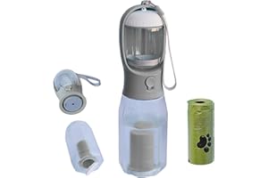 PANJAL Portable Dog Water Bottle 600ml, 4 in1 Multi Function Leak Proof BPA-Free Poo Bag Dispenser Snack Compartment Carbon Filter - Outdoor Walking Hiking Travel - Gray