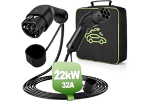 VECO CHAJOR Cavo Ricarica Auto Elettrica Tipo 2 22KW 32A Trifase 5metri 480V Max. Cavo Auto Elettrica Tipo 2 con Borsa Compatible con Tesla Model S / 3 / X/Y, ID.3, i3, Leaf, EQC, I-Pace, E-Tron