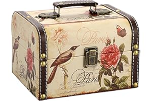 SUMNACON Wooden + PU Leather Storage Box Jewelry Chest, Decorative Trinket Box Keepsakes Chest with Handle, Treasure Box Organizer for Gift (Bird Flower Pattern)