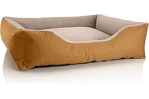 BedDog Hundebett Teddy, Hundesofa aus Cordura und Microfaser-Velours, waschbares Hundebett mit Rand, Hundekissen Vier-eckig, für drinnen, draußen, Größe XL, Gold-beige