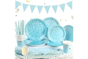 Yidaxing Stoviglie da festa blu e oro, 122 pezzi stoviglie usa e getta decorazione compleanno set includere piatti di carta, asciugamani, cannuccia, tazze per matrimonio, servire 24 ospiti