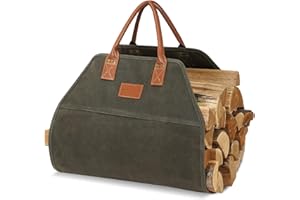 G GOOD GAIN Firewood Carrier Waxed Canvas with Handles, Wood Carrier for Firewood, 36x18.5 Inch Heavy Duty Firewood Storage Tote, Fireplace Log Carrier Indoor Bag, Wood Stove Accessories. Green
