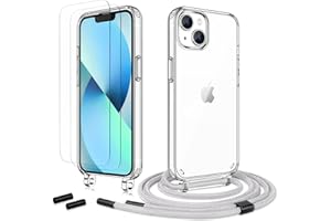 Anshow Handykette für iPhone 13 Hülle mit Band + 2 Schutzfolie, Robust Necklace Extrem Stoßfest Handyhülle iPhone 13 Case Transparent Schutzhülle zum Umhängeband Abnehmbar, Grau