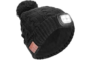 Powcan Wireless Bluetooth 5.0 Music Hat with LED Headlight Hands Free Christmas Winter Beanie Unisex Washable Rechargeable Knitted Musical Cap for Men Women Running Skiing Hiking Camping Cycling