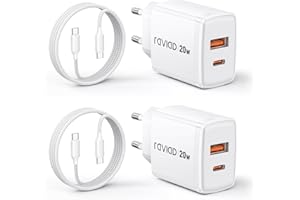 RAVIAD 20W USB C Ladegerät 2-Pack, [USBC + USBA] Schnellladegerät mit USB C Kabel 2M, Handy Netzteil Typ C mit 2-Port, Kompatibel mit iPhone 17 16 15 Pro Max, Samsung Galaxy S25 S24 S23 Ultra