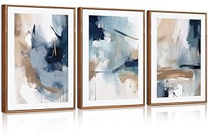CHDITB Abstract Framed Canvas Wall Art,Blue and Brown Art Painting,Neutral Brush Strokes Artwork,Blue Abstract Poster Set,Modern Painting for Living Room,Bedroom,Office 30 x 40cm x 3pcs