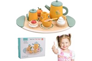 Focenat 13 Pcs Wooden Tea Set, Tea Party Toy with Teapot, Cups, Dessert, Tray, Little Girls Pretend Play Afternoon Tea, Educational Toy Playset Kitchen Accessories for Toddlers 4 5 6 Years Old