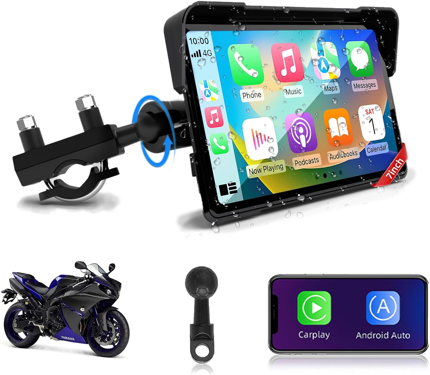 Jansite 7 Pulgadas Carplay Moto Android Auto GPS Moto Navegador con Doble Bluetooth Impermeable IP67 Tarjeta Carplay para Moto Siri/Google/Navi
