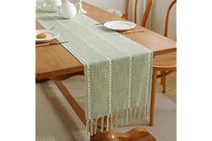 LOZULO Bawełniana lniana szałwia zielony bieżnik na stół nowoczesny boho bieżnik na stolik kawowy 163 cm długości, neutralny frędzle makrama bieżnik na stół wesele walentynki dekoracja