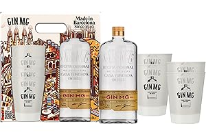GIN MG - Estuche de Ginebra Made in Barcelona 70 cl + 4 Vasos, London Dry Gin, 40% Alcohol Volume, Receta Tradicional