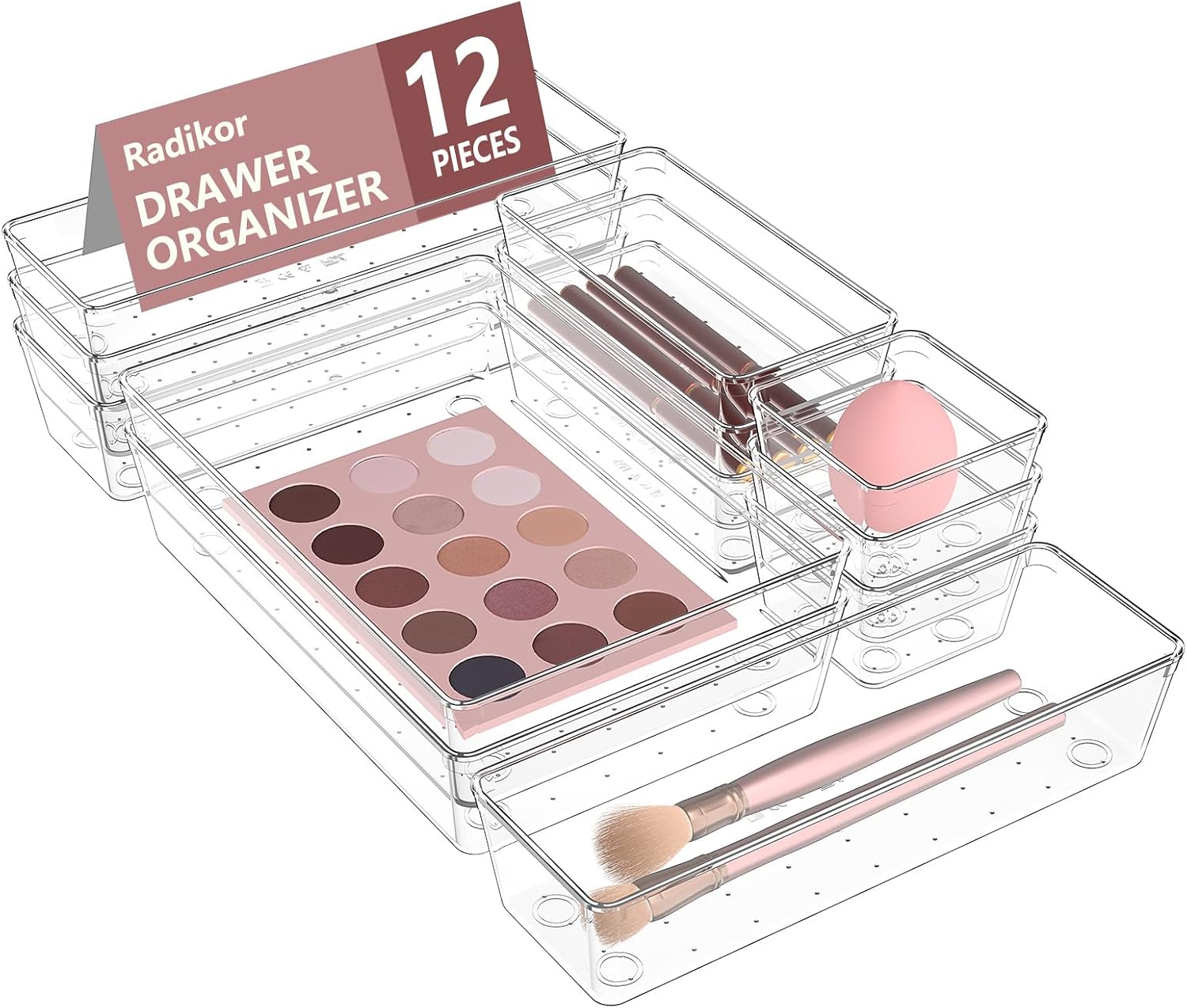 Radikor 12 Piezas Organizadores de Cajones de Plástico Transparente, Separadores de Cajones de Escritorio de 4 Tamaños, Bandejas de Almacenaje para Maquillaje, Baño, Oficina, Cocina