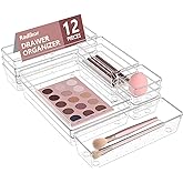 12 Piece Drawer Organizers, Makeup Organizer 4 Sizes | Clear sturdy plastic organizers for cosmetics, jewelry, hair accessori