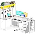 Coleshome Computer Desk with Drawers, 150x100 cm Corner Office Desk with LED Lights & Power Outlets, L Shaped Desks with Shelf & Keyboard Tray, White