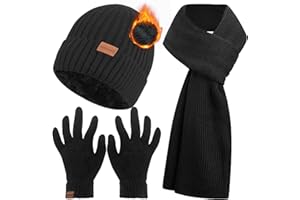 Jeackcelle Winter Beanie Hat Scarf for Men and Women with Touchscreen Gloves Set, 3PCS Knitted Hats Thermal Gloves Long Scarf