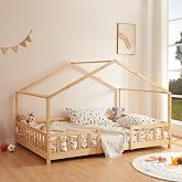 [en.casa] Treviolo Children's Bed House Shape Pine 140 x 200 cm Natural | Montessori Bed Rounded Edges with Bed Frame Rails 2