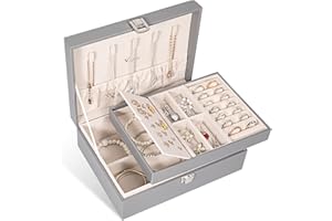 Voova Jewellery Box Organiser for Women Girls, 2 Layers Large Jewelry Storage Case, PU Leather jewlerrying Display Holder with Removable Tray for Necklace Earrings Rings Bracelets, Grey