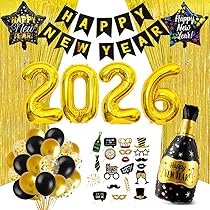 Kit Décoration Nouvel An 2026 HOWAF - Guirlande, Ballon 2026, Rideau Métallique, Cadre Photo Gonflable, Accessoires Photo - Thème Noir Et Or