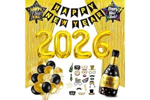 WISHSTAR Decoration Nouvel An 2026 Or Noir, 53 Pièces Deco Fete Nouvelle Année, Géant Ballon Numéro 2026 avec Happy New Year Bannière, Ballons Champagne, Rideaux Métallique de Frange Accessoires Photobooth