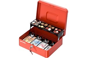 POS VALLEY Boîte à valeurs portable en fer, avec plateau porte-pièces et ressorts en acier ferme billets, serrure de sécurité 30 x 24 x 9 cm (Rouge)