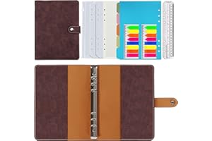 HOTKRUMP A5 Diario de hojas sueltas de 6 anillas,arpetas Diario de cuero Cuaderno recargable Diario en espiral, Papel de cuadrícula de Cuadros y bolsillos interiores de cuero para viajes escolares Trabajo，Café