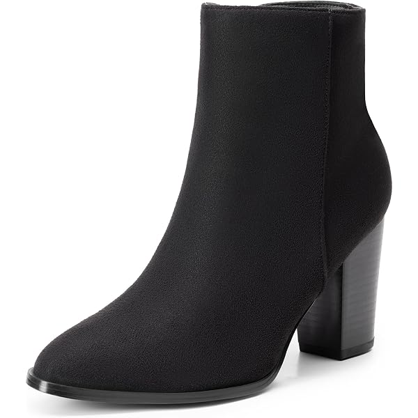 Qunvngutui Women's Pointed Toe Leather Ankle Boots – 8.5cm Block Heel, Rivet Detail, Retro Fashion Boots