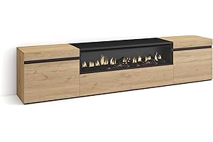 Skraut Home | Mueble TV | Televisión | Muebles de salón, almacenaje | 200x45x35cm | para TV hasta 80" | Chimenea eléctrica | Estilo Moderno | Roble y Negro