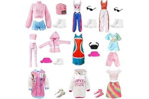 WANDERGO Juego de 24 prendas y accesorios para Barbie, incluye 1 chándal, 3 juegos de manga corta, 1 camiseta sin mangas, 10 zapatos, 8 accesorios